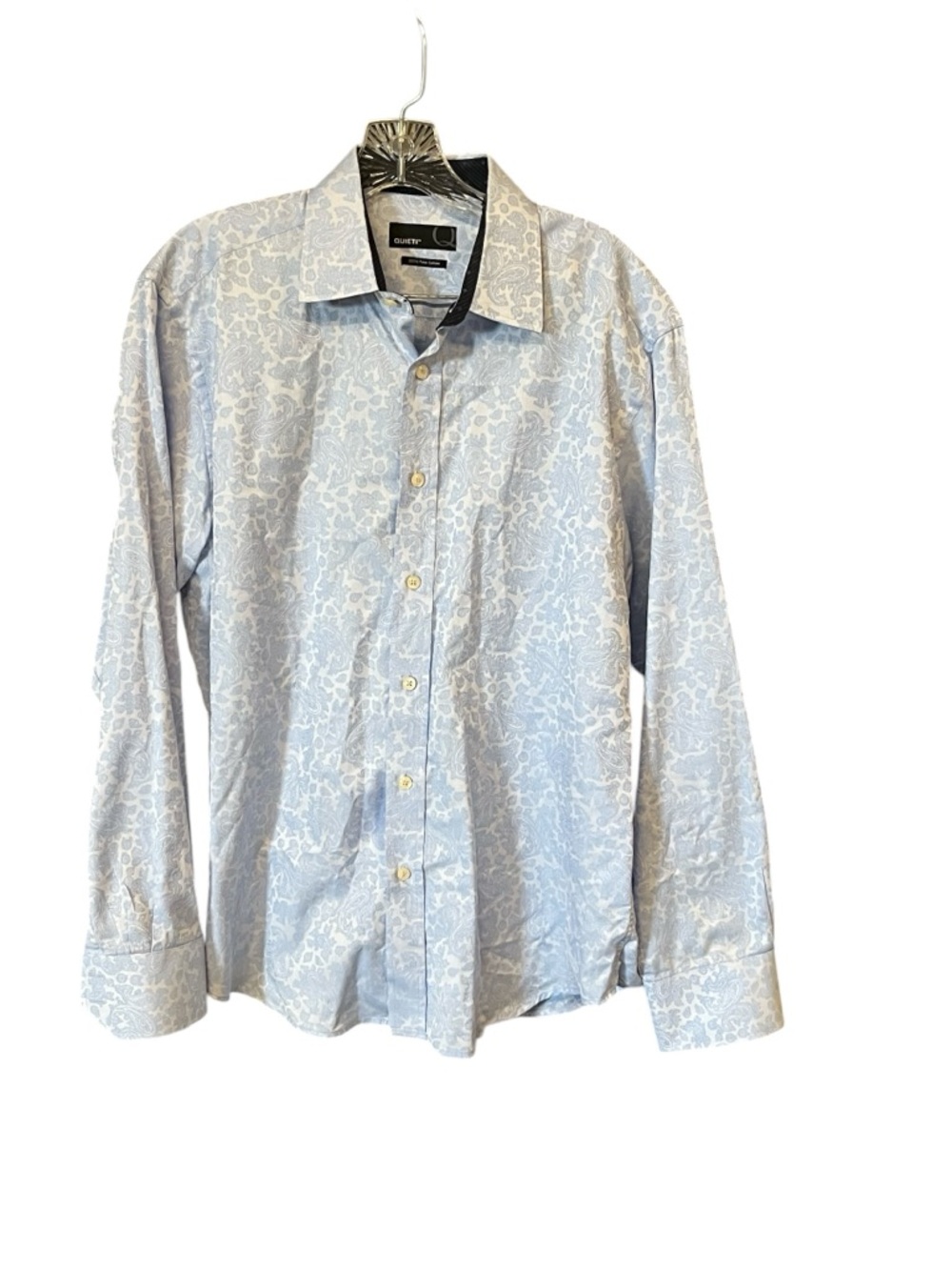 Quieti Mens M Blue Paisley Dress Shirt 100% Cotton Contrast Trim Button Front